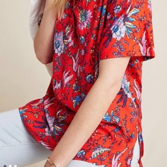 Maeve Anthropologie Windham Floral Red Henley Size Large - Picture 1 of 7